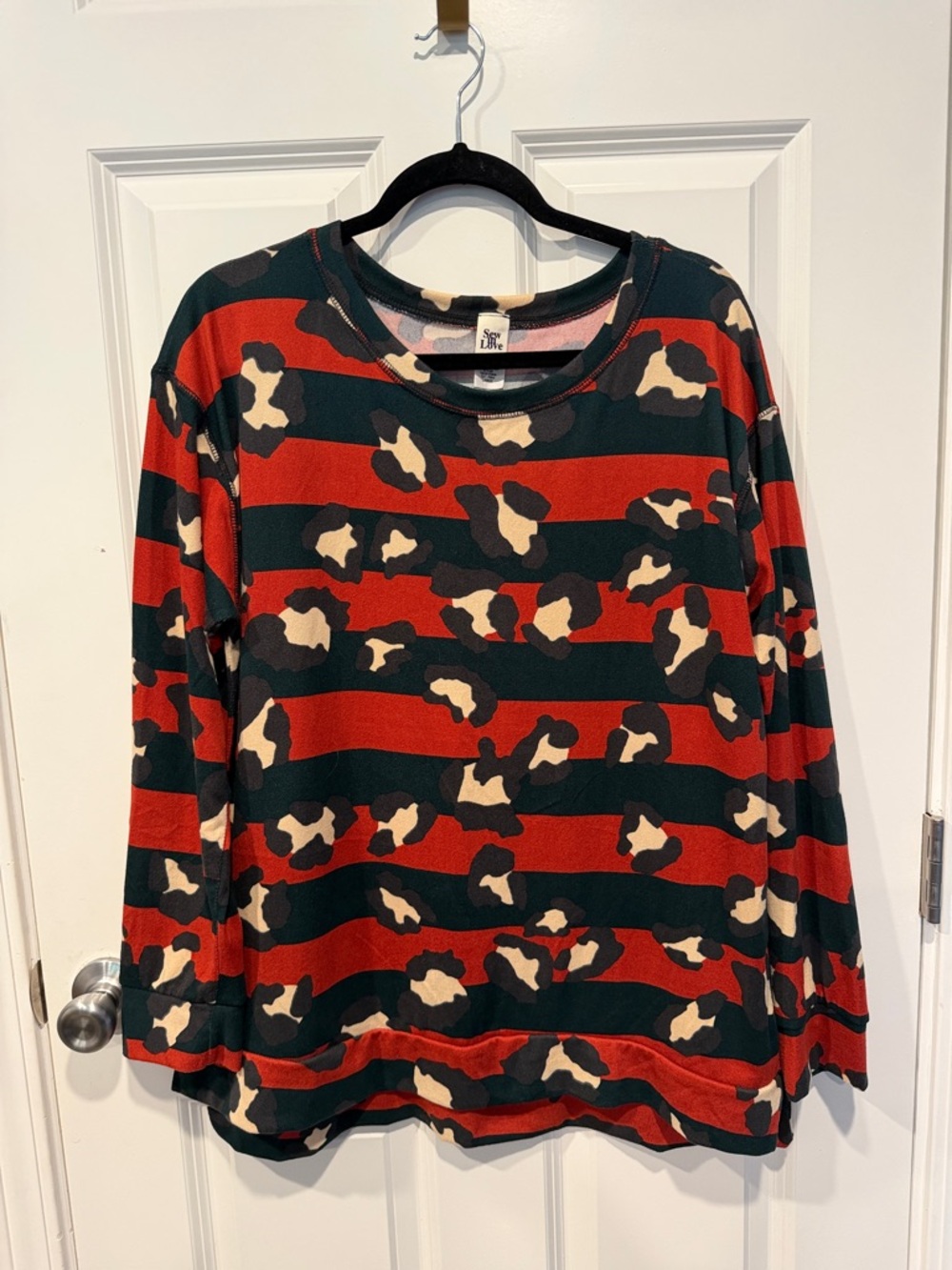 Sew in Love Striped Long sleeve shirt with leopard details - Red, Green, Cream